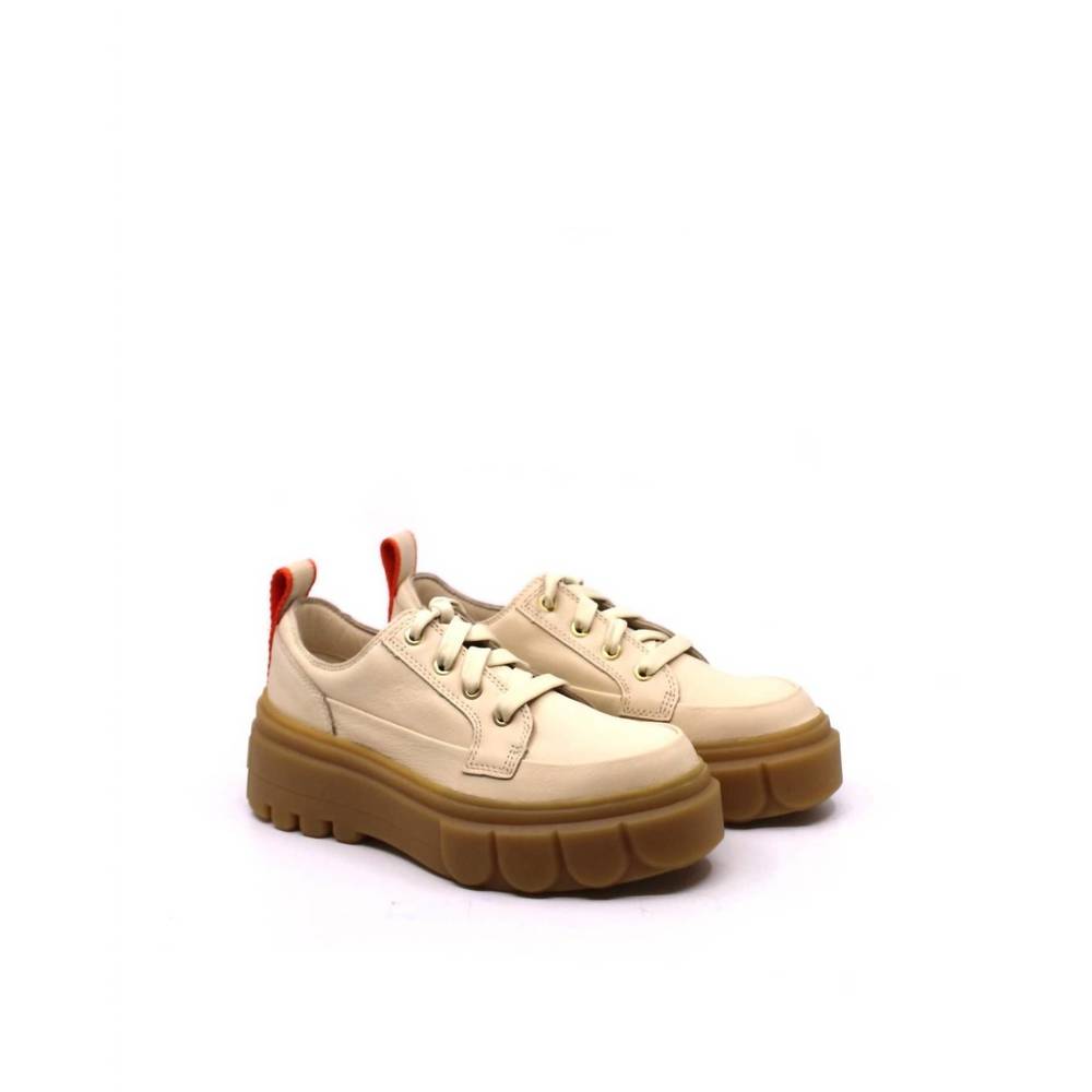 Sorel Cream Leather Platform Sneakers with Tan Gum Sole and Red Pull Tabs